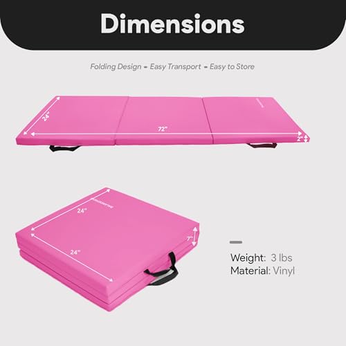 BalanceFrom 6x2 Feet 3-Panel Folding Gymnastics Mat – 2-Inch Thick Pad with Vinyl Surface and Carrying Handles for Tumbling, Yoga, Pilates, Home Workouts, and Martial Arts - color: Pink2
