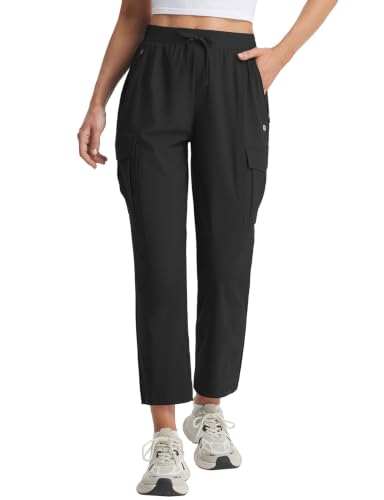 baleaf Women’s Petite Travel Hiking Pants Quick Dry Stretch Cargo Ankle Pants with Zipper Pockets - color: Black, size: Small