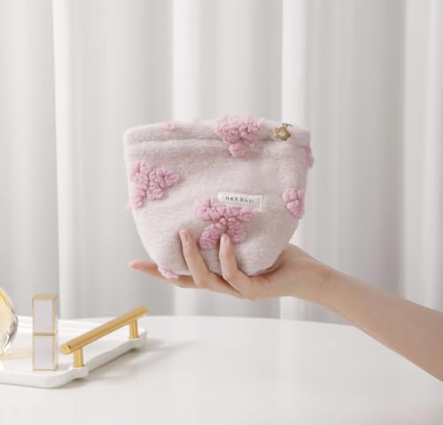 getgto 2 Pcs Makeup Bags, Large Cosmetic Bag Travel Toiletry Bag Organizer for Women, Plush Makeup Bag Small Cosmetic Pouch Purse with Zipper Gifts for Girls Teen - color: Girly pink