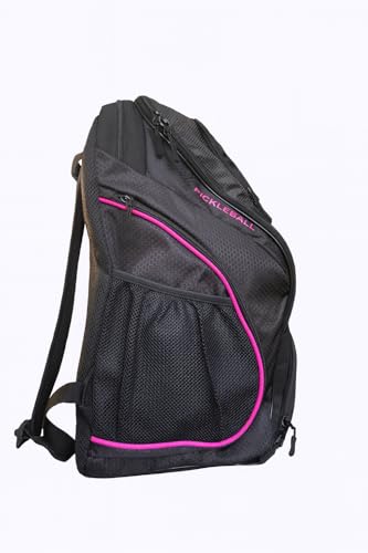 Personalized Pickleball Backpack - Large Pickle Ball Bag with Shoe Compartment, Fence Hook, Paddle Holder - Gifts for Men & Women - color: Black and Pink