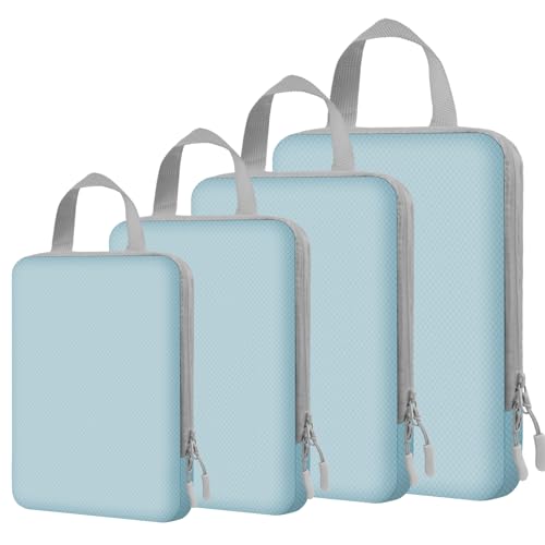 4 Set Expandable Compression Packing Cubes for 3–7 Day Travel, Solid & Plaid Fabric Travel Organizers, Double-Zipper Storage Bags for Carry-On & Suitcases(4set-Mint Green) - color: Mint Green, size: 4 set