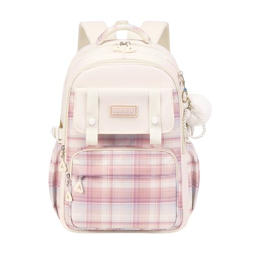 Cute Backpack for Girls, Large Capacity Kids Bookbag for Elementary Middle School Students Waterproof Kawaii Preppy Aesthetic Plaid Backpack Age 4-16 with Cute Accessories (Beige) - color: Beige