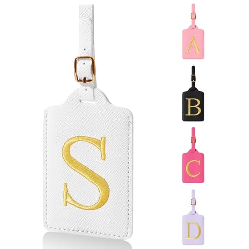 Personalized Initial Luggage Tags for Suitcases,Leather Letter Cute Luggage Tags with Privacy Name Card,Embroidered Monogrammed Travel Bag Backpack Tag Gifts for Women Kids Girls Teens(White-S) - color: White, size: S