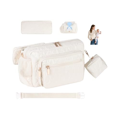 Rexmore Puffer Quilted Fanny Pack Diaper Bag for Mom - Women‘s Compact Crossbody Purse with Portable Changing Pad & Wipes Pouch, Travel & Quick Errand Baby Essentials Organizer (Off White) - color: Off White