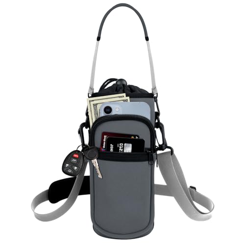 Water Bottle Holder with Strap, Water Bottle Carrier Bag with Phone Pocket, Shoulder Hand Strap Insulated Neoprene 32/40 oz Water Bottle Sleeve for Walking Hiking Camping Gym - color: 6 GRAY, size: under 32oz