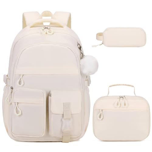 DIGOBAY 3PCS Girls Backpack for School, Kids Backpack for Girls with Lunch Bag Pencil Case, Kids Bookbag Teen Girl Backpacks for Elementary Middle High College School (White) - color: Beige