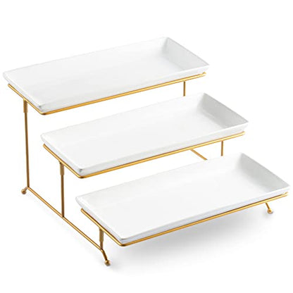 LYEOBOH 3 Tier Serving Stand and Platters Set Large Tiered Serving Platters with Collapsible Sturdier Rack 14 Inches Tiered Serving Tray for Appetizer Fruit, Dessert and Cupcake, White - color: Gold, style: 14inch Rectangle platter