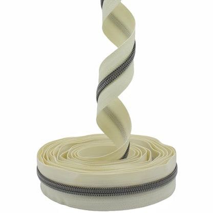MebuZip #5 Gunmetal Metallic Nylon Coil Zippers by The Yard Bulk Coil Zipper Roll 10 Yards with 25pcs Pulls for DIY Sewing Craft Bags (Beige) - color: Gunmetal Beige