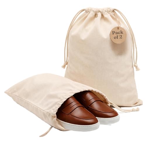 Cotton Shoe Bags with Drawstring | Dustproof, Washable Travel Shoe Pouch | Natural Canvas Organizer for Men & Women | Fits Sneakers, Sandals, Slippers | 14” x 17” (Pack of 2) - color: Cotton, style: Pack 2