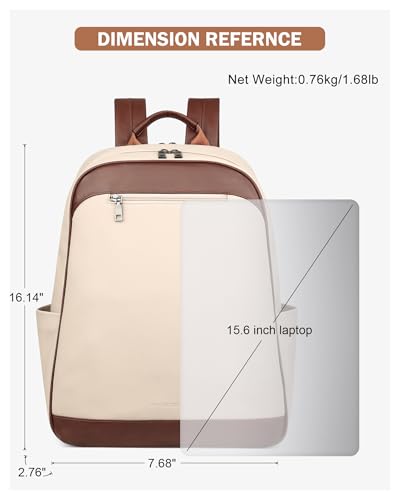 MASINTOR 15.6 inch Leather Laptop Backpack Purse for Women, Designer Travel and Work Bag with Laptop Compartment Beige Brown - color: Beige Brown