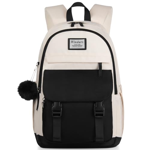 WINDARS School Backpack for Teen Girls, Cute College Backpacks for Women Students Aesthetic Bookbag Large 15.6 Inch Laptop Bag Middle School Travel Back Pack (Black Beige) - color: Black Beige, size: 15.6 inch