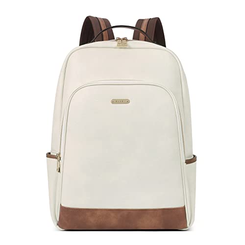 CLUCI Leather Backpack for Women 15.6 inch Laptop Backpack Purse Computer Backpack for Travel Airplane Casual Daypack Beige with Brown - color: Beige With Brown