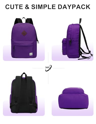 VASCHY Lightweight Backpack for School, Classic Basic Water Resistant Casual Daypack for Travel with Bottle Side Pockets (Purple) - color: Purple