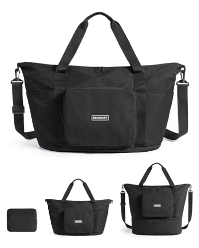 BAGSMART Foldable Travel Bag, 37L Expandable Personal Item Bag, Lightweight Travel Essentials for Women, Water Resistant Extra Carry on Bag, Black - color: Black