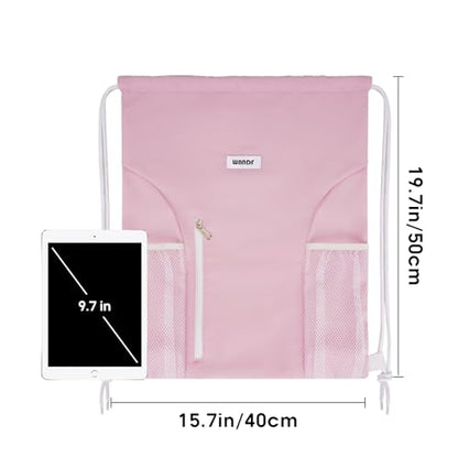 WANDF Drawstring Backpack Sports Gym Sackpack with Mesh Pockets Water Resistant String Bag for Women Men(Pink) - color: Pink
