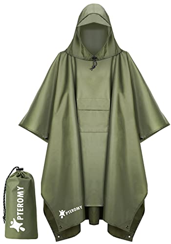 PTEROMY 3-in-1 Hooded Rain Poncho for Adult with Pocket, Waterproof Lightweight Unisex Raincoat for Hiking Camping Emergency - color: Green