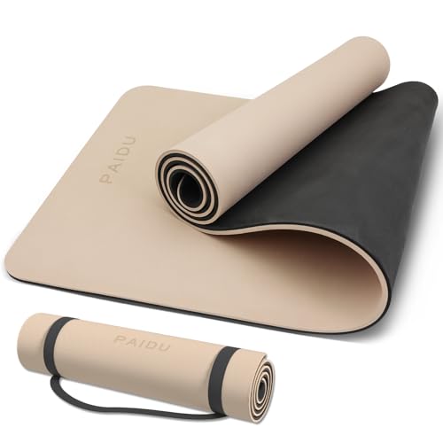PAIDU Yoga Mat Non Slip Anti-tear,extra thick-2/5 inch（10MM）High Resiliency Professional POE Yoga Mats for Women Men Kids,72"x24"inch,Workout, Yoga, Pilates and Floor Exercise, with Carrier Strap - color: Beige+Black.