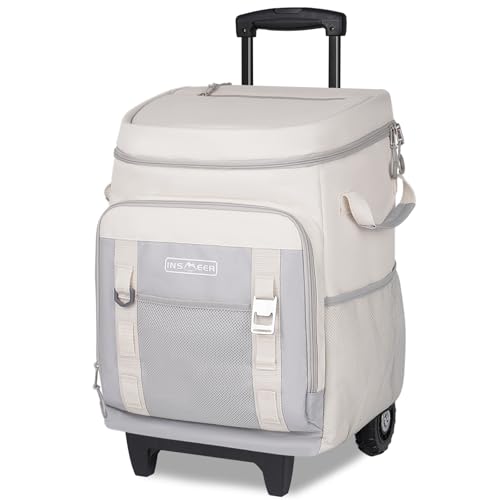 INSMEER Cooler with Wheels and Handle, 80 Cans/50L Rolling Cooler, Portable Soft Sided Cooler with Wheel, 2-in-1 Collapsible Trolley Cart, Large Coolerbag for Grocery Shopping - color: White
