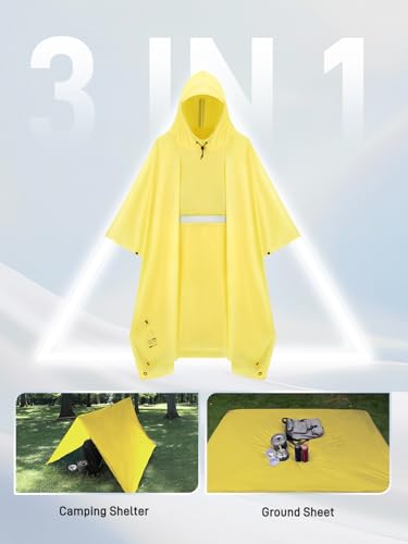 SaphiRose Extra Thick Hooded Rain Poncho Double Layer Waterproof Raincoat Jacket for Men Women Adults - color: Lemon Yellow