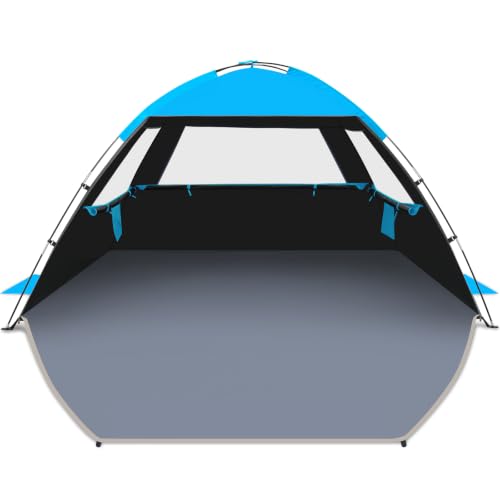 Gorich Beach Tent Sun Shelter for 3/4/6/8/10 Person with UPF 50＋ UV Protection, Lightweight & Easy Setup Beach Shade Canopy, Portable Beach Shade Tent Beach Cabana - color: Dark Shelter-skyblue, size: 3 Person