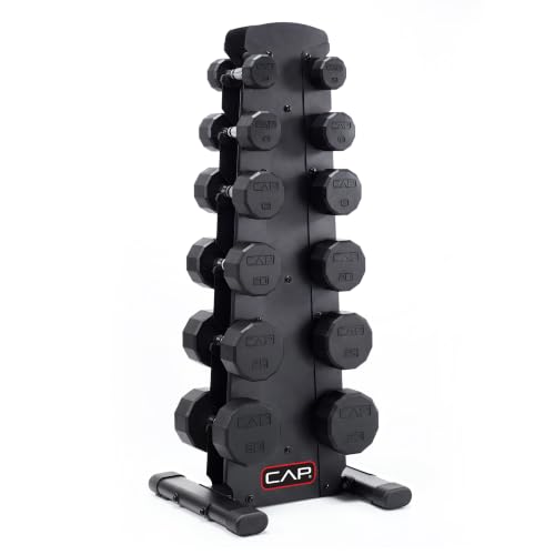 CAP Rubber Coated Hex Dumbbell Set with Storage Rack | 100–210 lb Options, Space-Saving Vertical Compact Storage for Home Gym Strength Training - size: 210 lb - Set - Black Rack, style: 12-Sided Chrome Handle