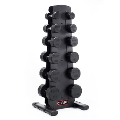 CAP Rubber Coated Hex Dumbbell Set with Storage Rack | 100–210 lb Options, Space-Saving Vertical Compact Storage for Home Gym Strength Training - size: 210 lb - Set - Black Rack, style: 12-Sided Chrome Handle