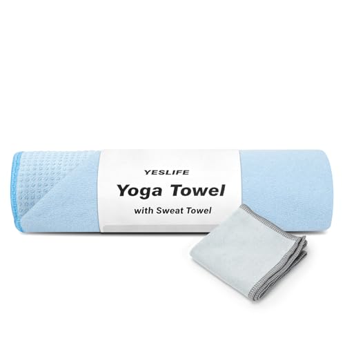 YESLIFE Non-Slip Extra Thick Hot Yoga Towel with One Sweat Towel, Microfiber Sweat Absorbent Yoga Mat Towel with Grip Dot, Pilates Mat, 72" x 24", Light Blue - color: Light Blue
