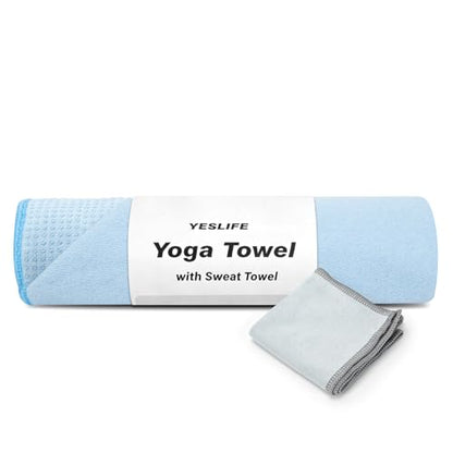 YESLIFE Non-Slip Extra Thick Hot Yoga Towel with One Sweat Towel, Microfiber Sweat Absorbent Yoga Mat Towel with Grip Dot, Pilates Mat, 72" x 24", Light Blue - color: Light Blue