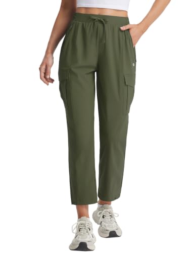 baleaf Women’s Petite Travel Hiking Pants Quick Dry Stretch Cargo Ankle Pants with Zipper Pockets - color: Army Green, size: Large