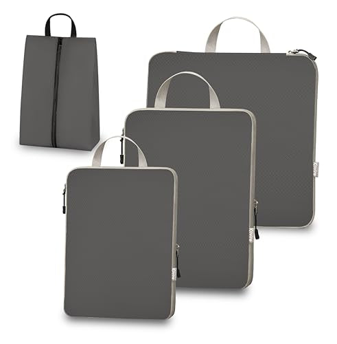 4 Set Compression Packing Cubes for Travel Expandable Packing Organizer Bag | Water-Resistant Suitcase Bags with Shoe Bag, Ultralight Storage Travel Bags for Carry-on Luggage, M L XL Sizes, Grey - color: Grey, size: Set of 4