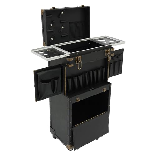 Cosmetic Train Case,Rolling Makeup Train Case,Travel Stylist Case Lockable Hairdressing Trolley,Professional Makeup Case for Make-up Artists - color: Black+Gold