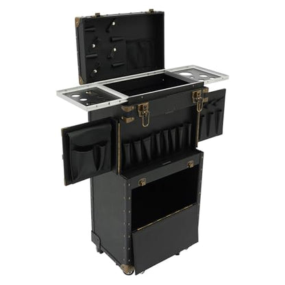 Cosmetic Train Case,Rolling Makeup Train Case,Travel Stylist Case Lockable Hairdressing Trolley,Professional Makeup Case for Make-up Artists - color: Black+Gold