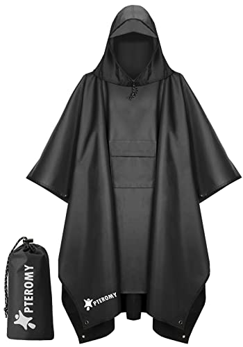 PTEROMY 3-in-1 Hooded Rain Poncho for Adult with Pocket, Waterproof Lightweight Unisex Raincoat for Hiking Camping Emergency - color: Black