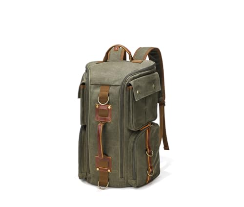 Heavy-Duty Waxed Canvas Backpack for Men, 17 Inch Laptop Rucksack with Genuine Leather, Multi-Pocket Travel Bag for Work, Hiking, and Camping - color: Army Green