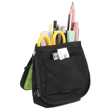 Mr. Pen- Standing Pencil Case Pouch, Sit & Lay Mesh-View Design, Black & Lawn Green, Interior Pocket & 2 Elastic Binder Loops, Cute Pencil Case for Girls and Boys - color: Black & Lawn Green