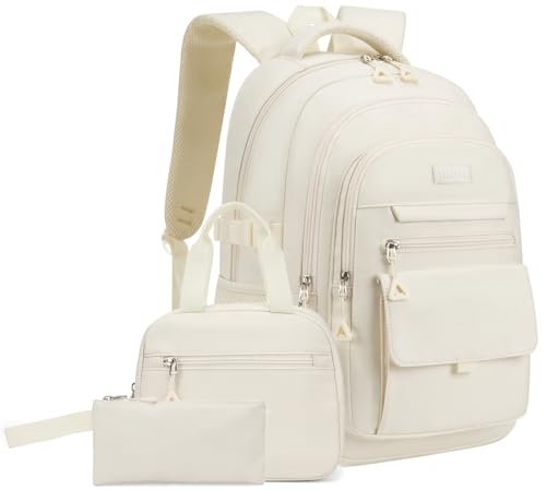 Girls School Backpack Set with Lunch Box, Teens Bookbag for Highschool Elementary Middle School Cute Back Pack, Beige-3 packs - color: Beige-3 Pcs, size: 15.6in