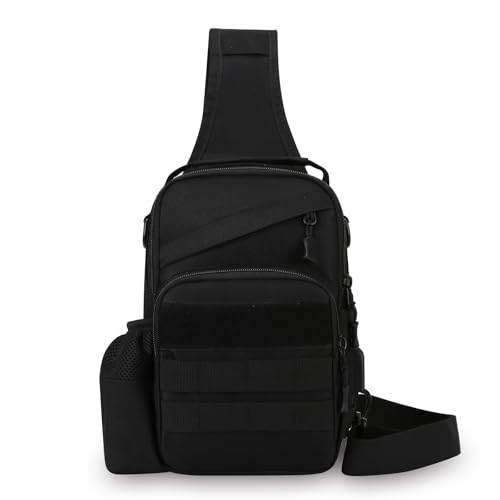 Tactical Sling Bag for Men, Military Outdoor Sports Single Shoulder Backpack with Bottle Holder & Handle, EDC Range Bag Crossbody Chest Pack, Black - color: Black