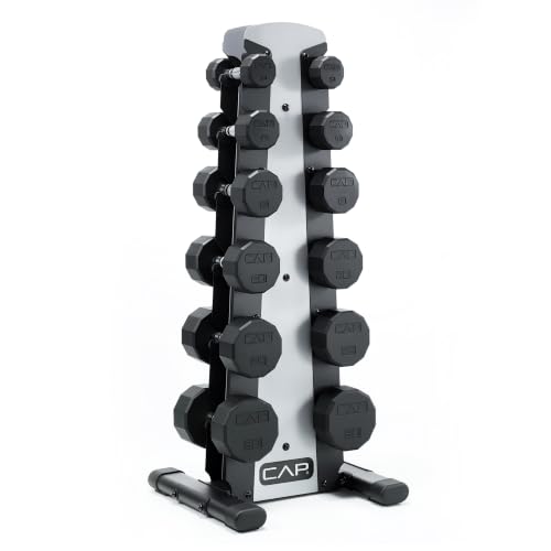 CAP Rubber Coated Hex Dumbbell Set with Storage Rack | 100–210 lb Options, Space-Saving Vertical Compact Storage for Home Gym Strength Training - size: 210 lb - Set - Silver Rack, style: 12-Sided Chrome Handle