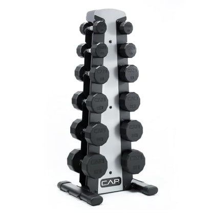 CAP Rubber Coated Hex Dumbbell Set with Storage Rack | 100–210 lb Options, Space-Saving Vertical Compact Storage for Home Gym Strength Training - size: 210 lb - Set - Silver Rack, style: 12-Sided Chrome Handle