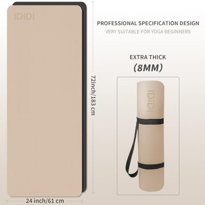 Yoga Mat with Strap,Non-Skid Workout Mat,8mm Thick Yoga Mat,POE Yoga Mats for Women Men Kids,Exercise Mat with Easy-Cinch,72"x24"x0.32” (183x61x0.8cm) - color: Beige+Black