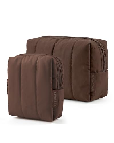 BAGSMART Makeup Bag Duo Set, Puffy Padded Travel Cosmetic Organizer with Slip-in Pockets, Large Toiletry Bag & Small Purse Pouch, Travel Essentials for Women, Chocolate - color: 16-Chocolate