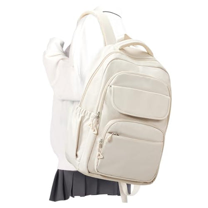 Cute School Backpack for Teens Girls Boys Waterproof School Bag Basic Backpack for College Students Multi Pocket Backpack Lightweight Casual Daypack Backpacks for Women Men（Beige） - color: White