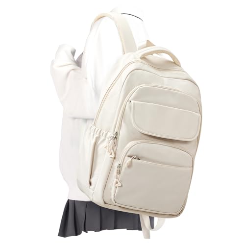 Cute School Backpack for Teens Girls Boys Waterproof School Bag Basic Backpack for College Students Multi Pocket Backpack Lightweight Casual Daypack Backpacks for Women Men（Beige） - color: White