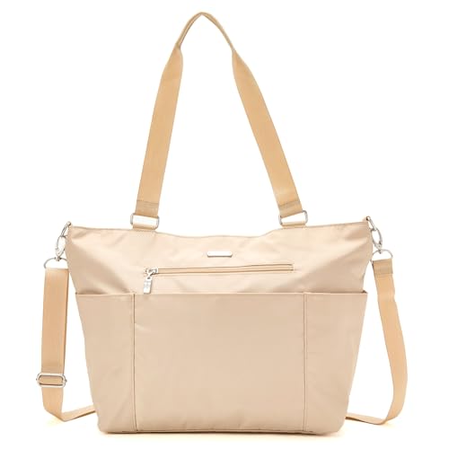 Baggallini Essential Laptop Tote - Work Tote Bag with Laptop Sleeve - Lightweight Travel Crossbody Shoulder Bag for Women - color: Light Khaki
