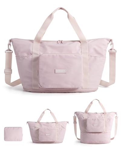 BAGSMART Foldable Travel Bag, 37L Expandable Personal Item Bag, Lightweight Weekender Bags for Women, Water Resistant Extra Carry on for Travel, Pink - color: Pink