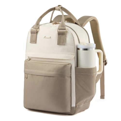 LOVEVOOK Laptop Backpack for Women with Giant Tumbler Holder Pocket, 15.6 inch Laptop Computer Bag Travel Backpack Purse, Waterproof Work Nurse Teacher Bag College School - color: Khaki & Beige, size: 17.3 Inch-cup