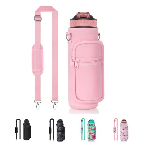 Water Bottle Holder with Strap, Insulated Crossbody Sling Bag, Carrier with Phone Pocket for Walking Hiking Camping Fishing - color: Pink 06, size: 32oz Long