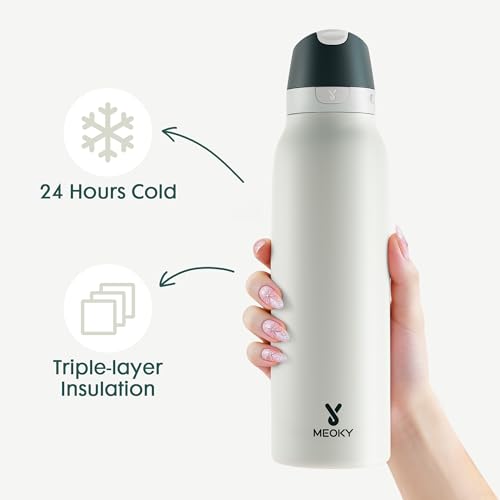 Meoky 24 oz Travel Water Bottle Stainless Steel: Leak Proof Locking Lid, 2-in-1 Straw and Spout, 24 Hours Cold, Top Handle, BPA Free, Slim Insulated Water Bottle for Car Ourdoor, Frost - color: Frost