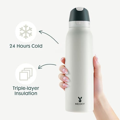 Meoky 24 oz Travel Water Bottle Stainless Steel: Leak Proof Locking Lid, 2-in-1 Straw and Spout, 24 Hours Cold, Top Handle, BPA Free, Slim Insulated Water Bottle for Car Ourdoor, Frost - color: Frost