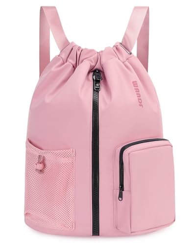 WANDF Drawstring Backpack Sports Gym Bag with Shoes Compartment, Water-Resistant String Beach Sackpack Swim Bag for Women and Men (Pink) | with Shoes Compartment - color: Pink